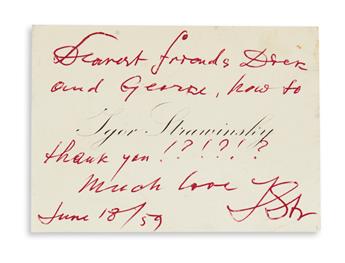 STRAVINSKY, IGOR. Three Autograph Notes Signed, IStr, to composer Richard Pindle Hammond and his partner George,